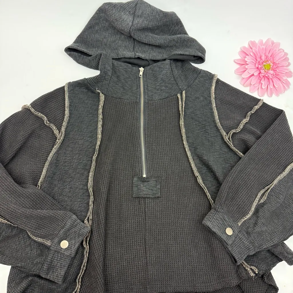 POL Clothing Oversized Waffle Thermal Knit Half Zip Pullover Hoodie Grey Black - Image 6