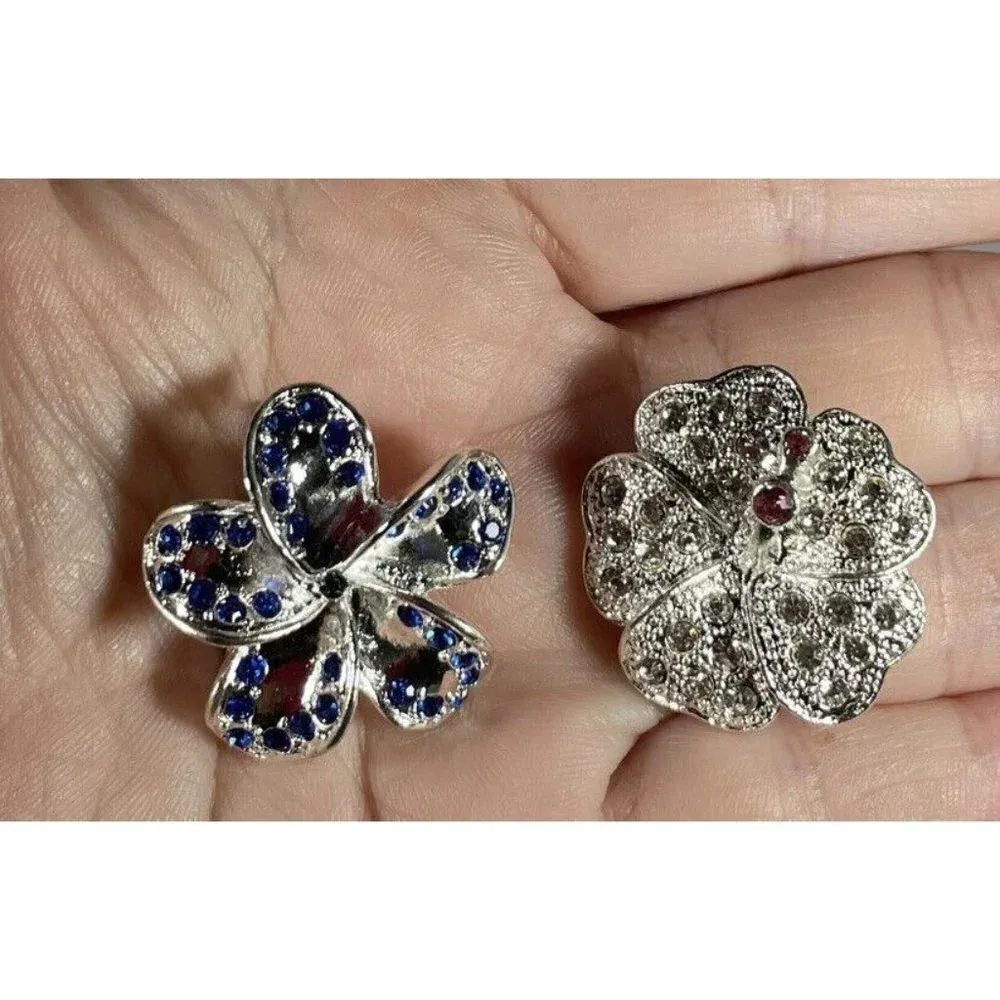 Set Of 4 Small Flower Floral Rhinestone Pins Brooch Blue‎ Red Pink Silver Tone Blue - Image 5