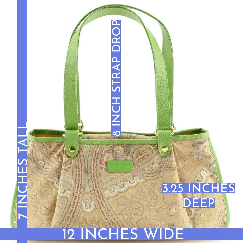 ETRO GREEN FAUX LEATHER TRIM W/TAN & GRAY COTTON PAISLEY PRINT BODY SATCHEL BAG - Image 15