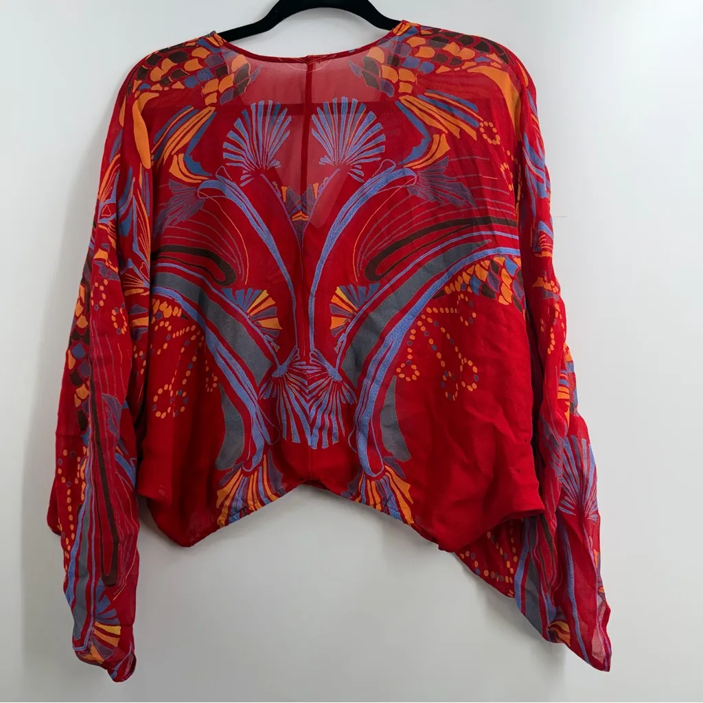 Free People Beneath The Sea Top size XS red sheer v neck kimono sleeves boho - Image 6