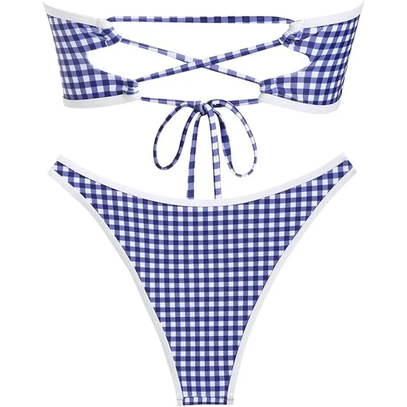 NWT ~ Women's Strapless Sexy Blue & White Gingham Check Bikini Swimsuit ~ XL - Image 2