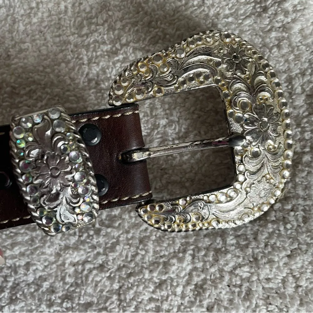 Vintage 90s Nocona Western Belt Studded Rhinestones Leather Women's Medium‎ Silver - Image 4