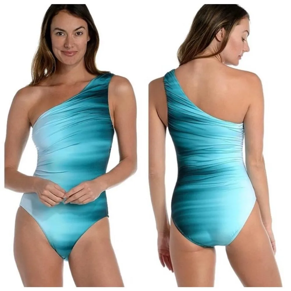 La Blanca Swimsuit Size 12 Ocean One Shoulder One Piece Ombre Shirred Blue NWT - Image 2