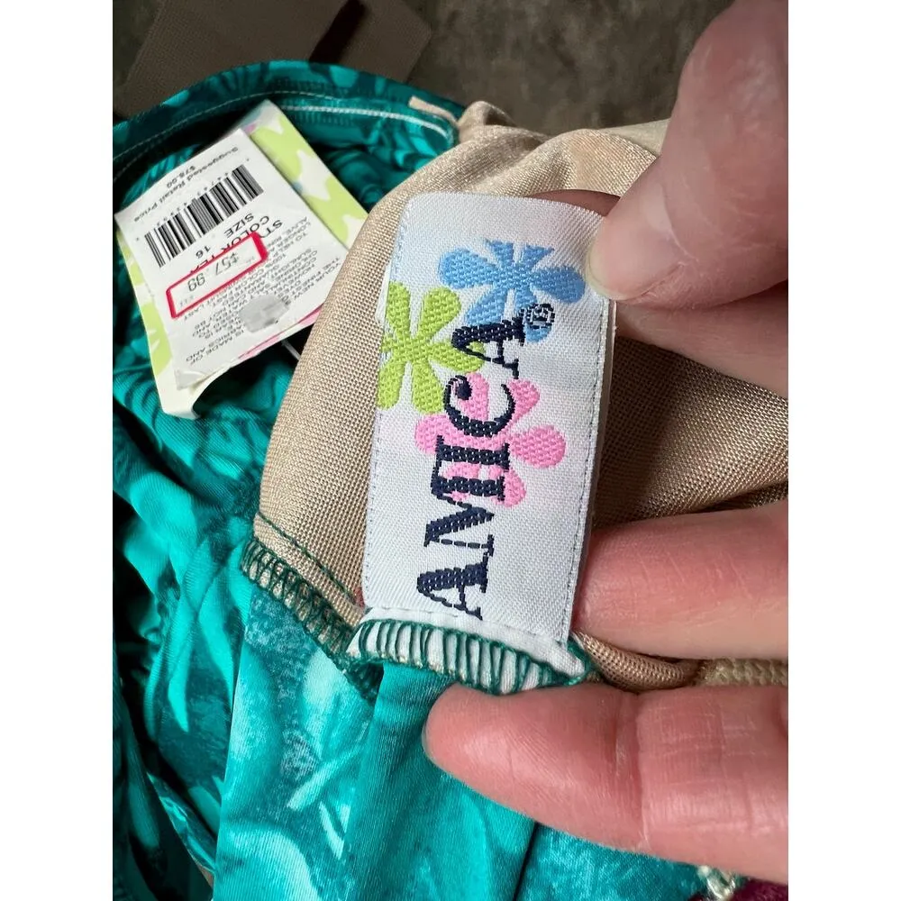 swimsuit swim dress Vintage 1980s one piece V neck blue teal aqua NWT Green Size 16 - Image 12