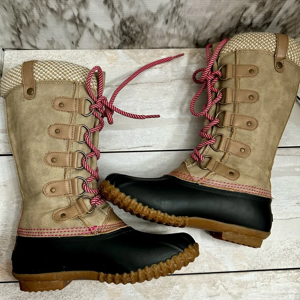 Espirit Women Sz 7 Pink Tan Belinda Muck Boots Farmcore Lace Up Tall Duck Shoes - Image 8