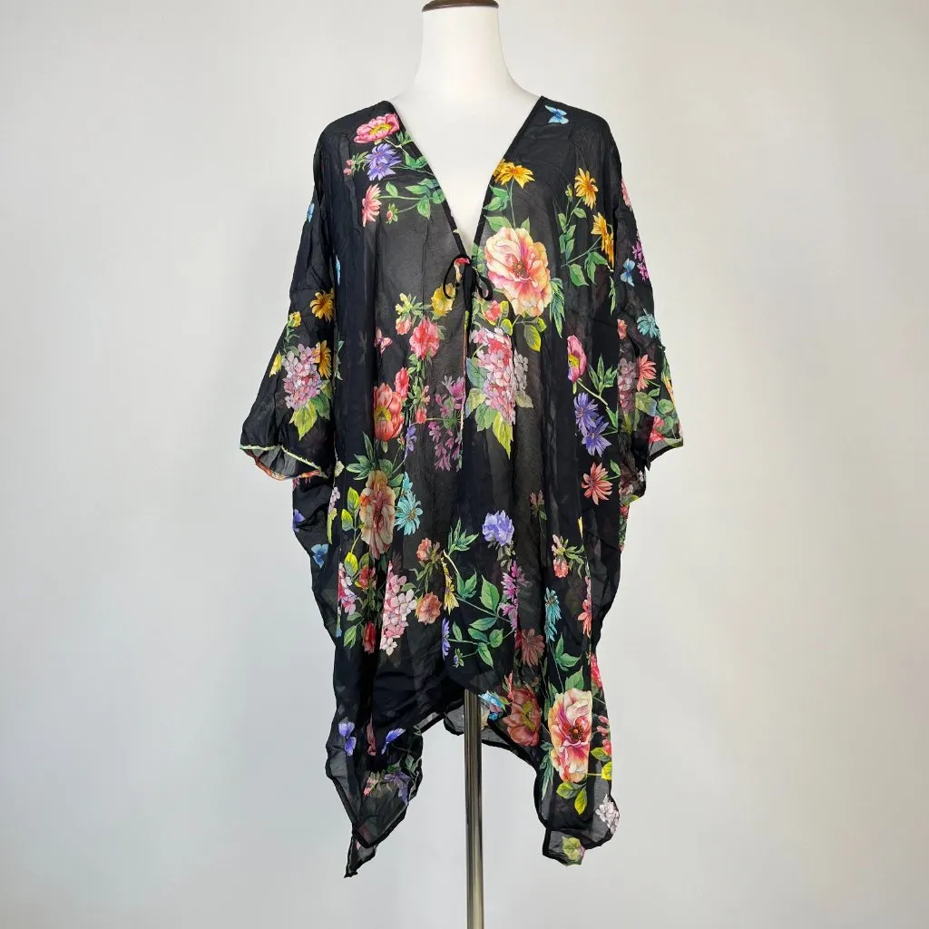 NWOT Johnny Was Black Butterfly Floral Silk Blend KIMONO Cover Up Front Tie Sz S - Image 2
