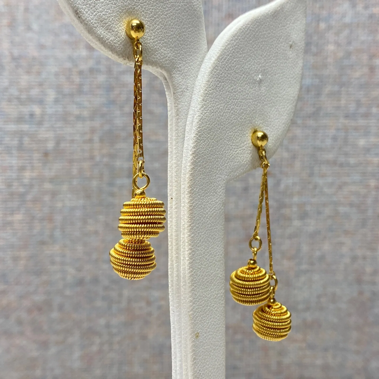 Gold Tone Textured Sphere Drop Chain Swingy Disco Dangle Statement Earrings - Image 2