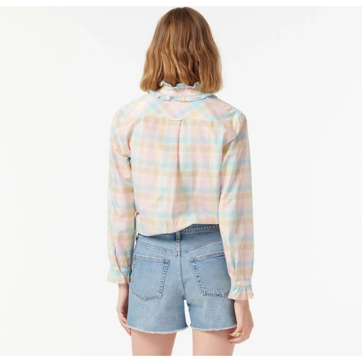 J.Crew  Classic Fit Silk Voile Ruffleneck Top Pastel Plaid Size 8 NWT‎ - Image 2