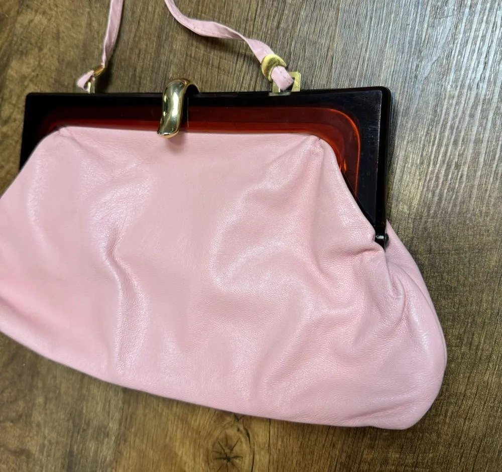 Vtg 60s/70s Italian Leather Convertible Clutch Crossbody Lucite Pink - Image 5