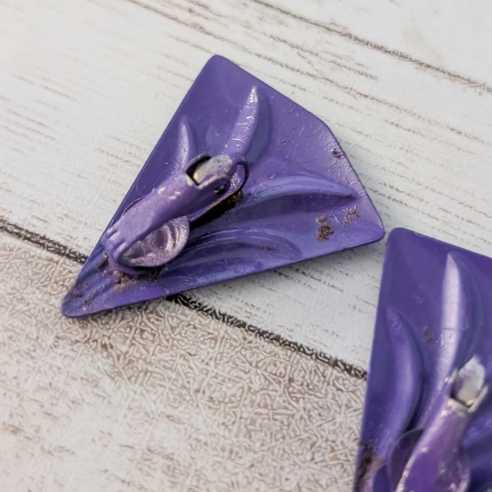 Vintage Clip On Earrings Retro Deep Purple Statement Triangle 1.25" large - Image 7