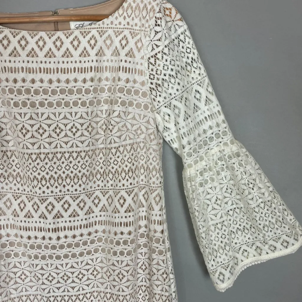 Eliza J Dress White Lace Bell Sleeve Size 8 Wedding‎ Rehearsal Elopement Lined - Image 4