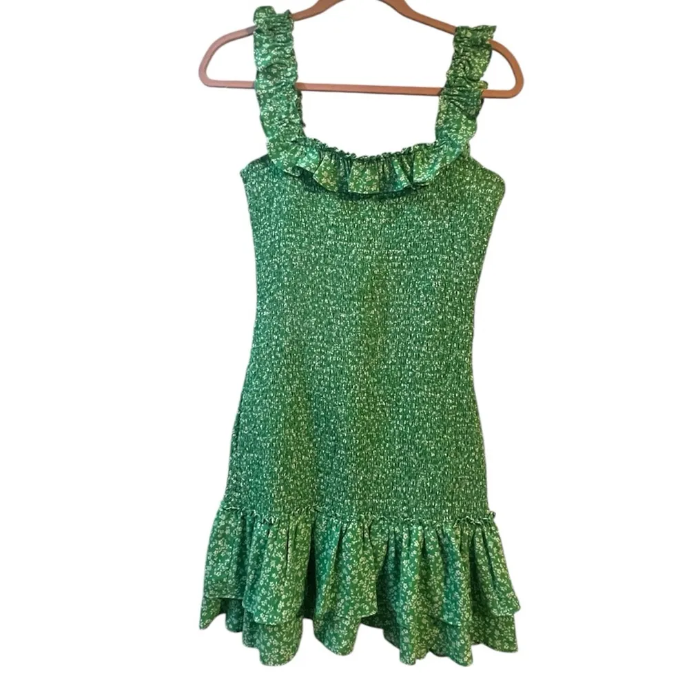 Likely NYC Nina Green Floral Ruffle Smocked Mini Dress Small Layered Sleeveless - Image 2