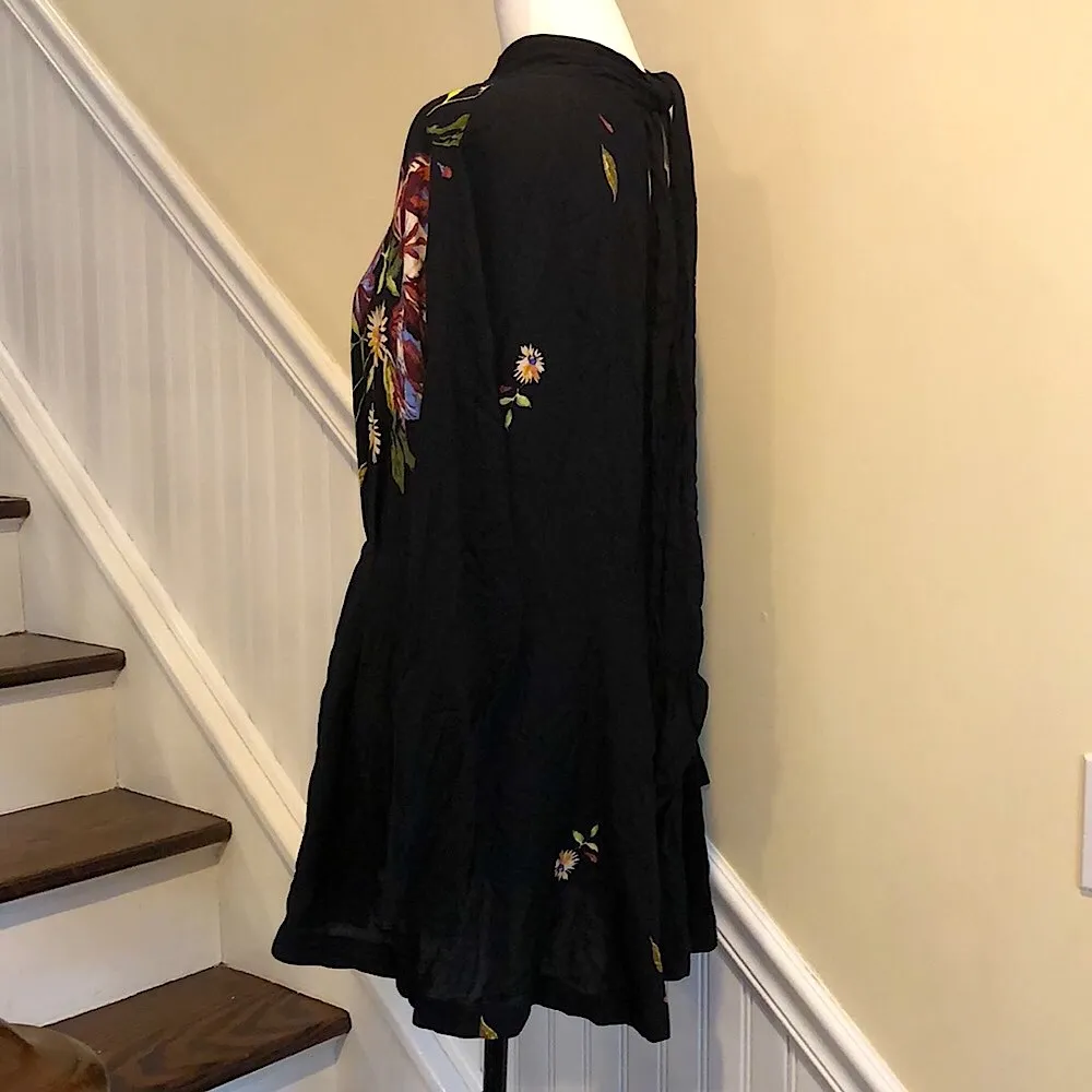 FREE PEOPLE Boho Chic Long Sleeve Black Floral MIni Dress Sz Medium NWT - Image 3
