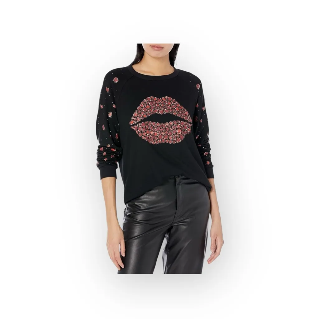 Lauren Moshi ᨎ Noleta Ruby Lip Super Soft Pullover Sweatshirt ᨎ Jet Black ᨎ XS - Image 3