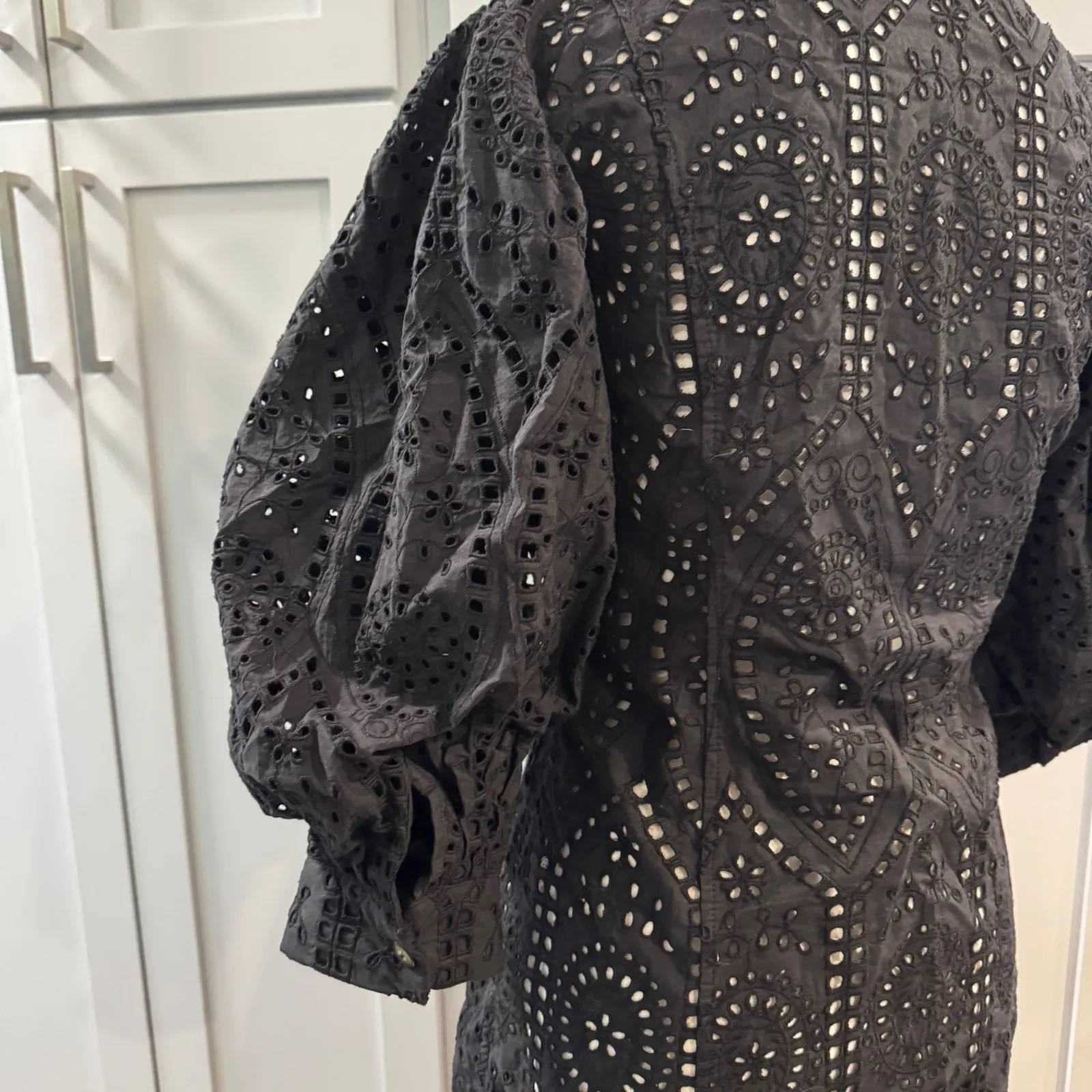 Ganni Black Eyelet Puff Sleeve Button Up Mini Shirt Dress Size 38 - Image 13