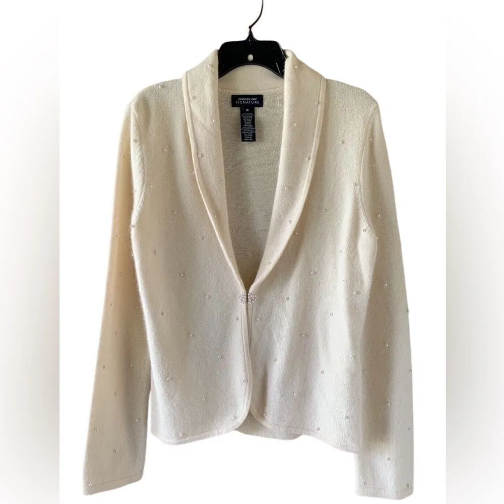 90s Vintage Jones Cream Shawl Collar Pearl Cardigan Lambs Wool Angora Small P White Size undefined - Image 2