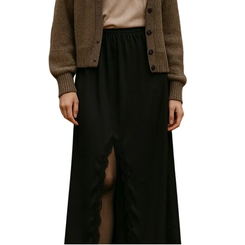 VTG 70s Maxi Half Split Slip M Lace Trim Hem Romantic Goth Lace Coquette Fairy Black Size M - Image 2