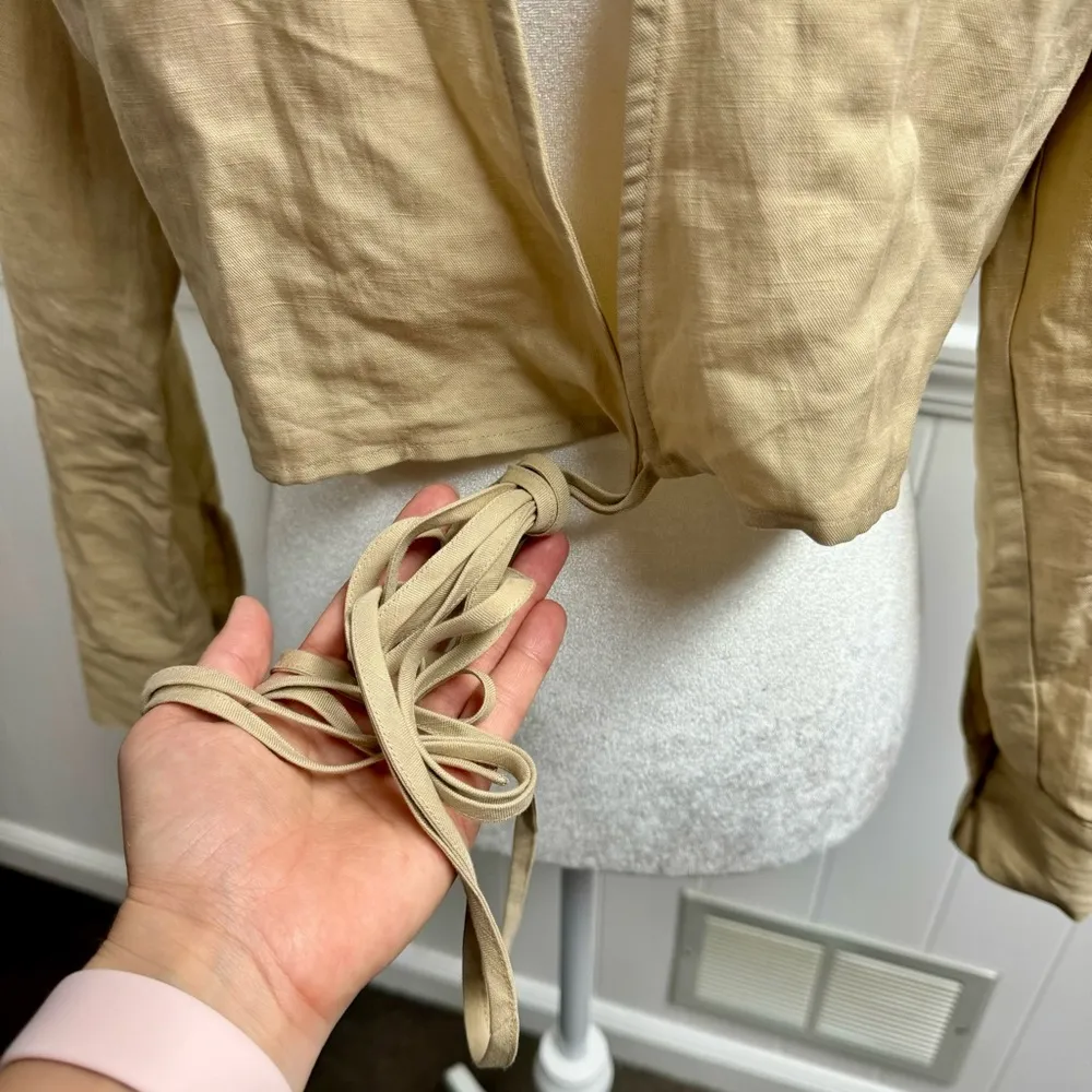 Intermix Quincy Linen Blend Long Sleeve Cropped Wrap Top Beige Tan P - Image 6