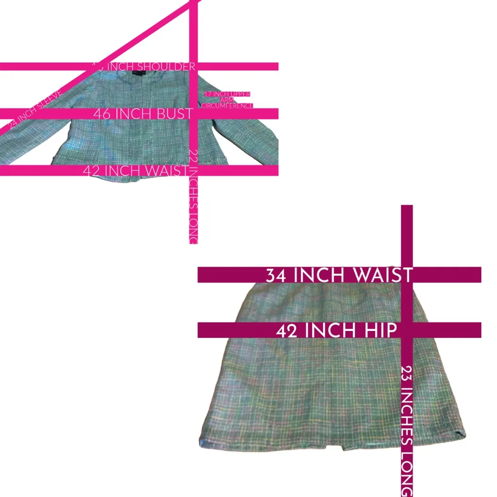 REQUIREMENTS BLUE W/PASTEL PINK & YELLOW TWEED SKIRT SUIT WITH FRINGE ACCENT 16 - Image 11