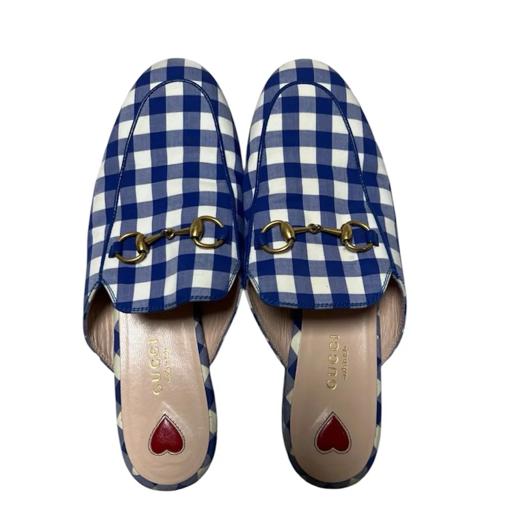 Gucci Vintage Princetown Horsebit Mules White Blue Plaid Gingham Sz 36.5 - Image 8
