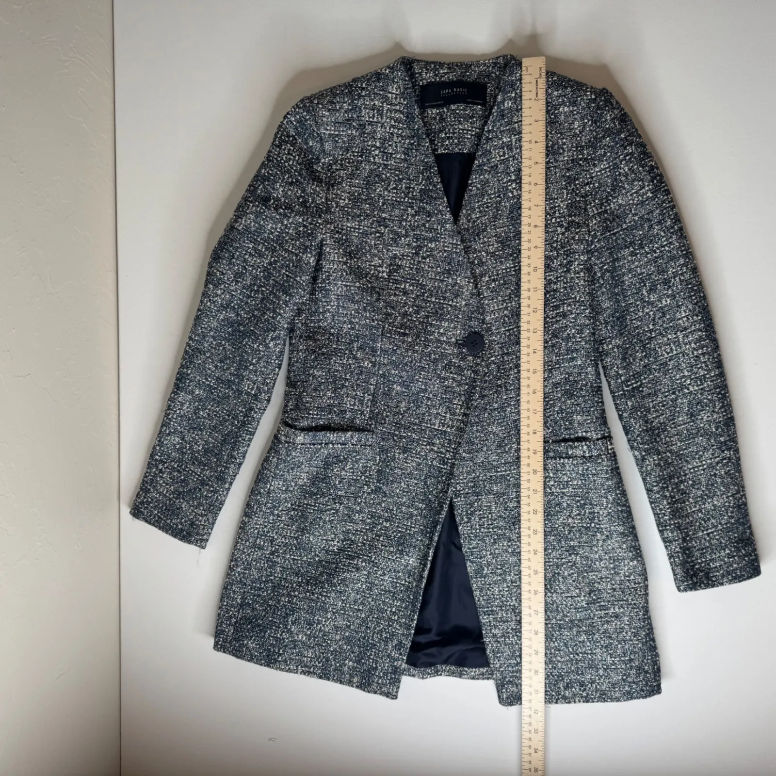 Zara Basic Collection Textured Knit Tweed‎ Blazer Jacket Medium Blue Office Chic - Image 8