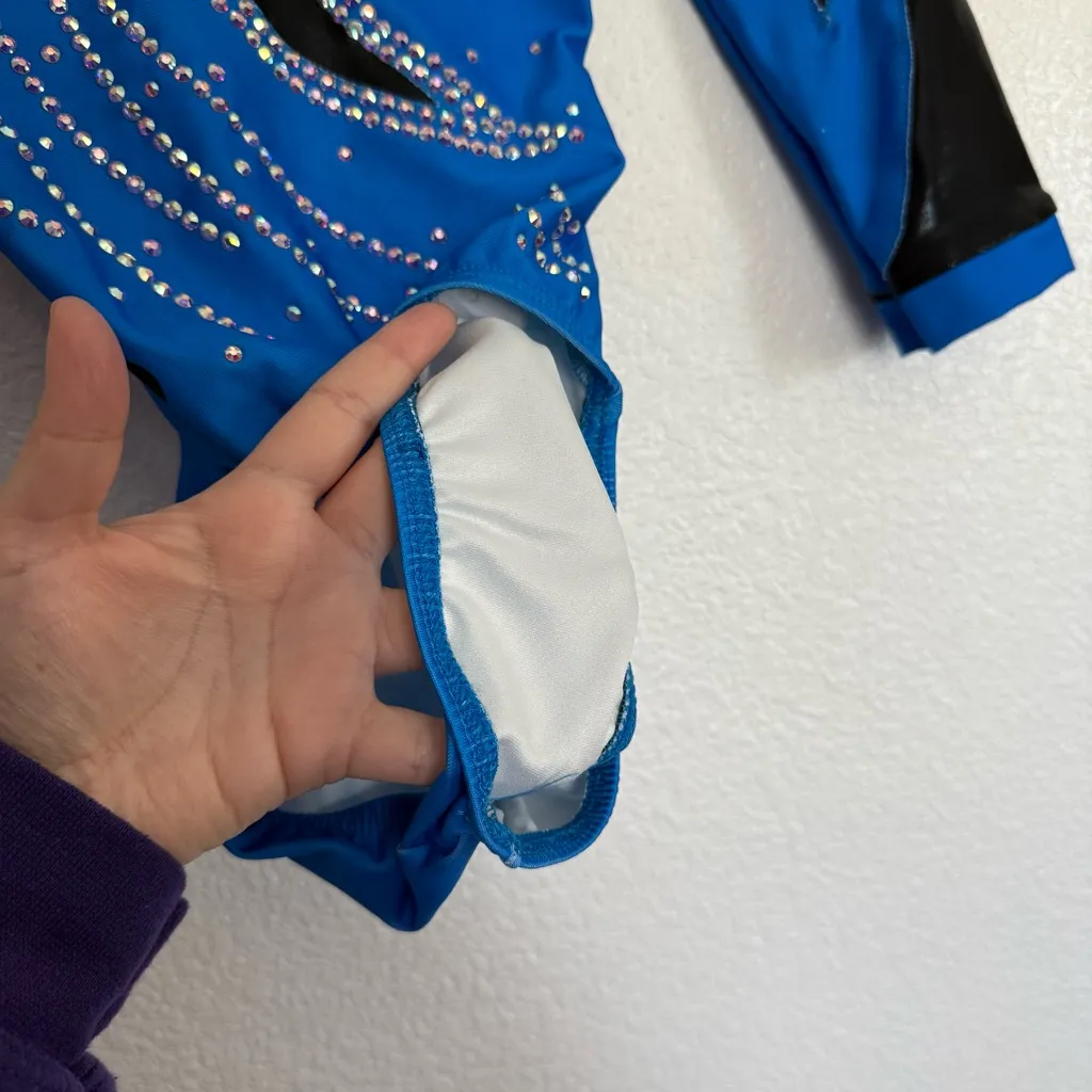 Ozone Blue Rhinestone Dance Competition Leotard 3/4 Sleeve AXS Adult XS - Image 4