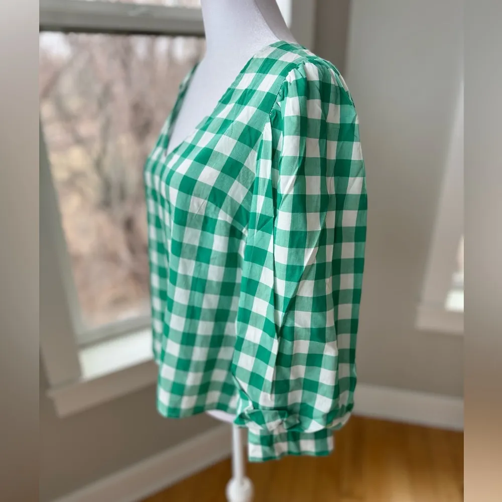 A New Day Green and White Gingham Picnic Plaid Blouson Sleeve V Neck Blouse Sz S - Image 2