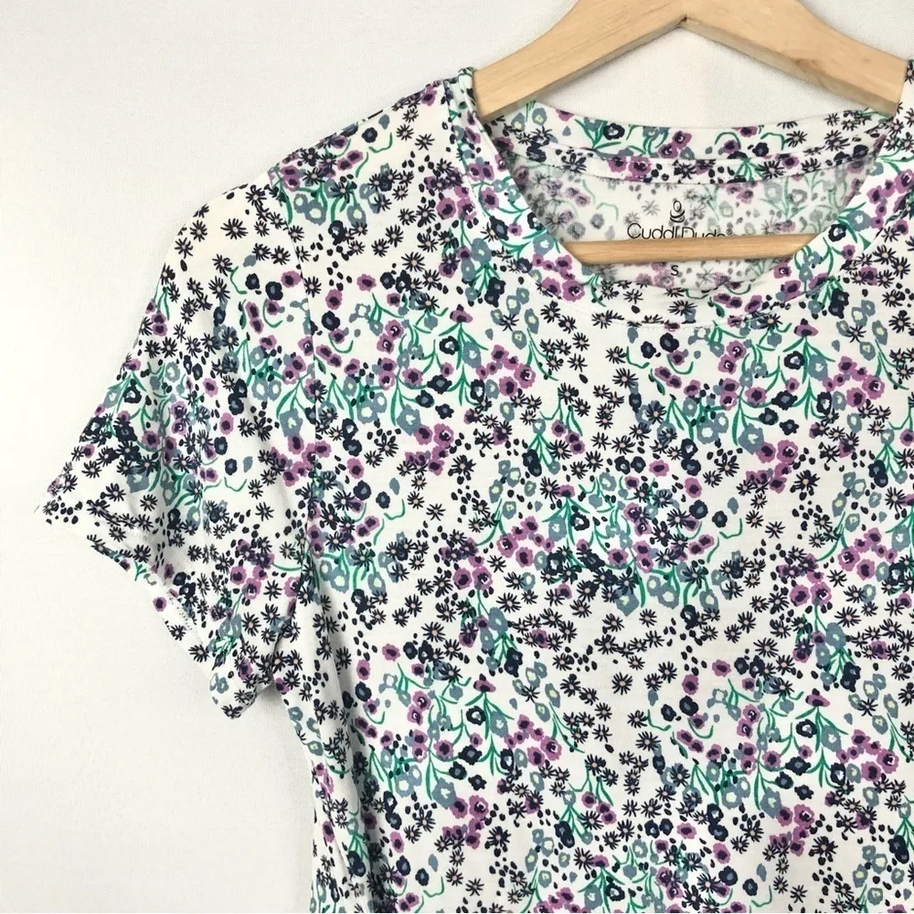 Cuddl Duds White Purple Ditsy Floral Short Sleeve T-Shirt S - Image 4