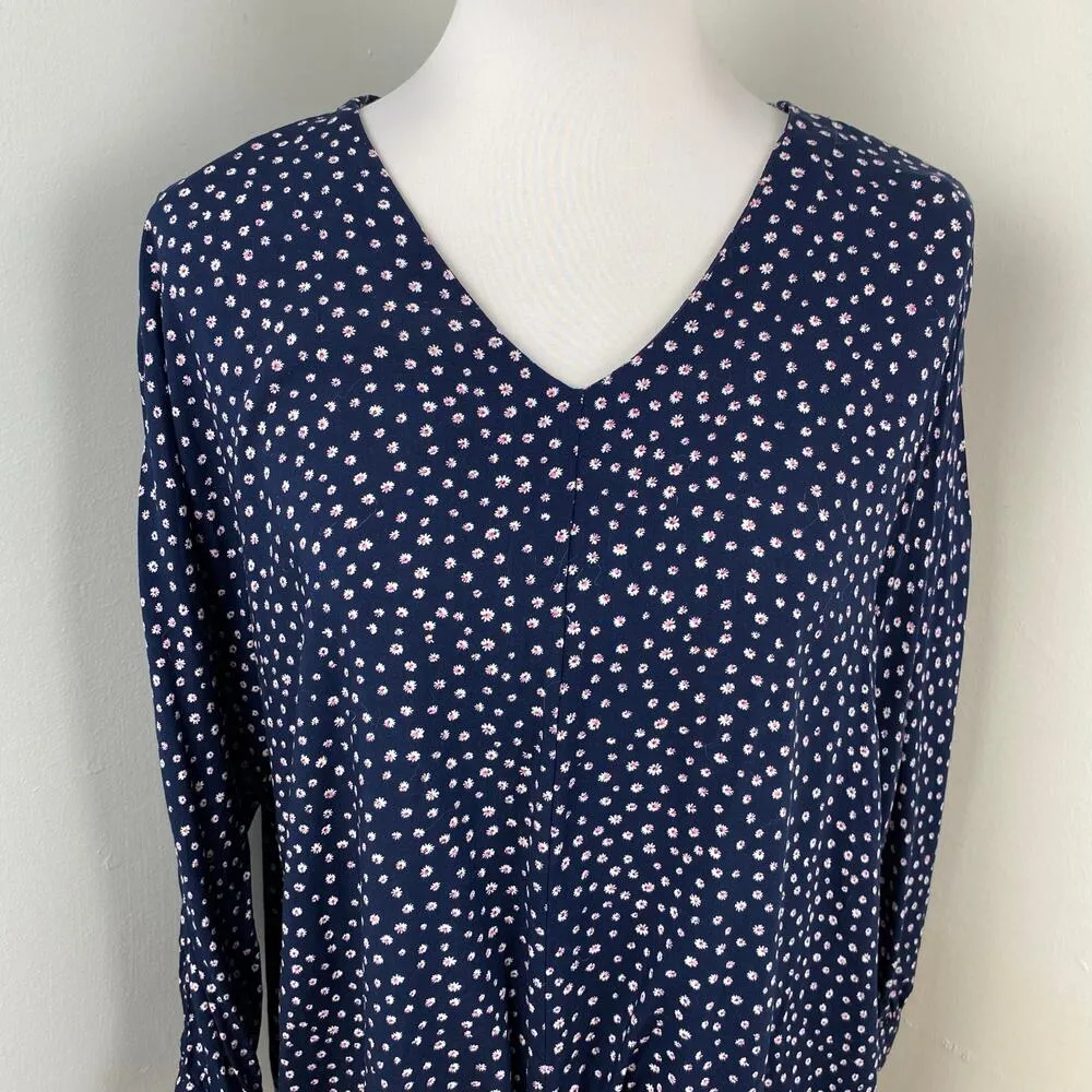 BeachLunchLounge Navy Ditsy Floral 3/4 Sleeve Tie Front Blouse Large - Image 2
