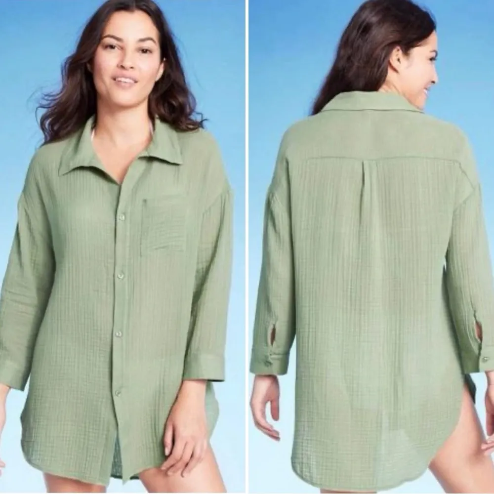 Kona Sol Sage Gauze Button Down Long Sleeves Coverup Shirt, Sz Small - Image 2