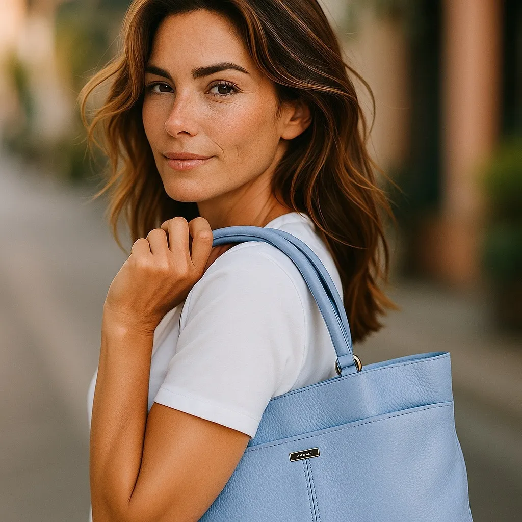 Cole Haan Village II Marcy Market Tote‎ Bag Purse Pebbled Leather Light Blue - Image 2