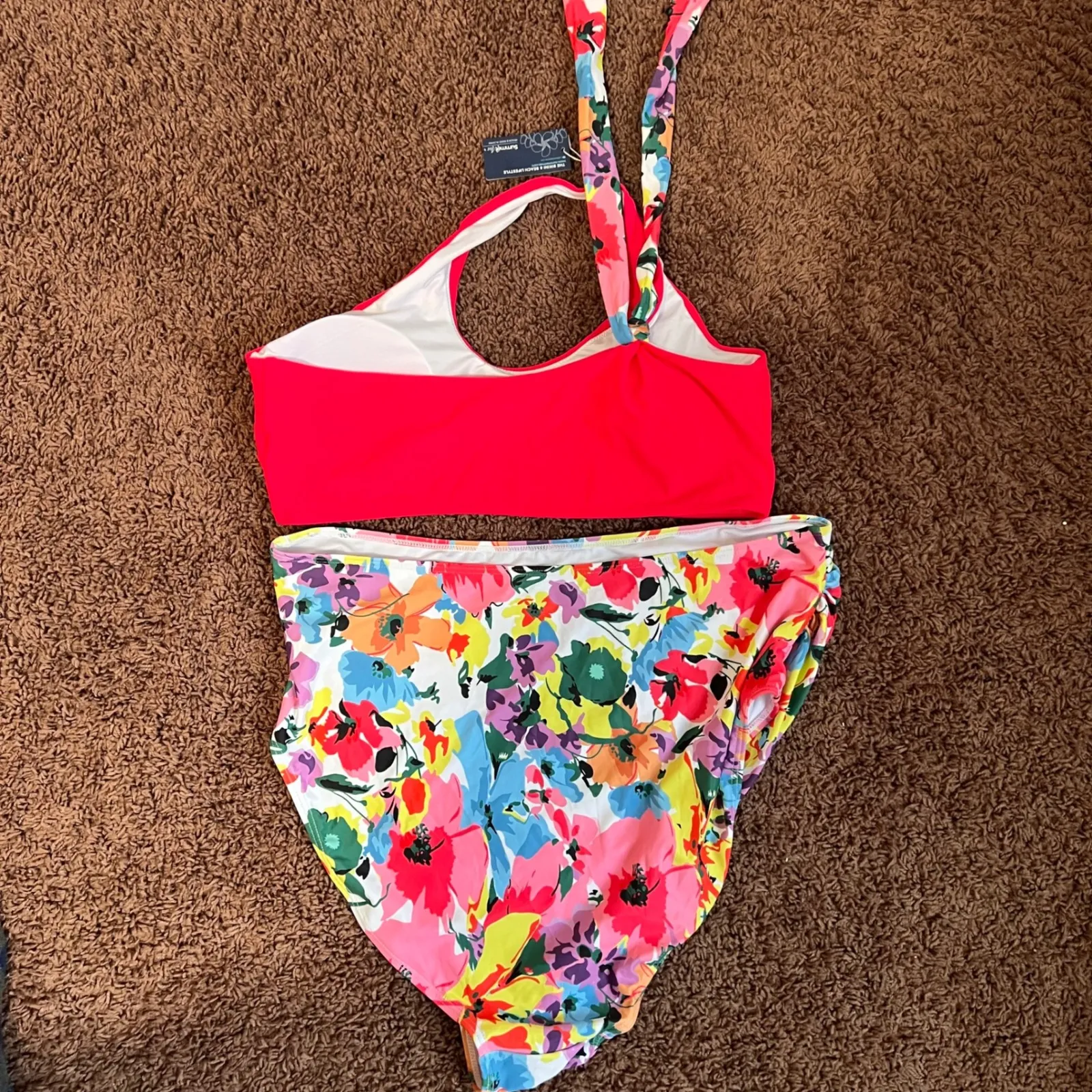 Summer‎ Mae Red Halter Bikini Top High Waist Floral Print Swimsuit Set Size XL Pink - Image 5