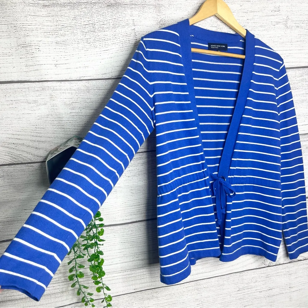 Jones New York Royal Blue & White Nautical Striped Tie Front Cardigan Size Small - Image 5