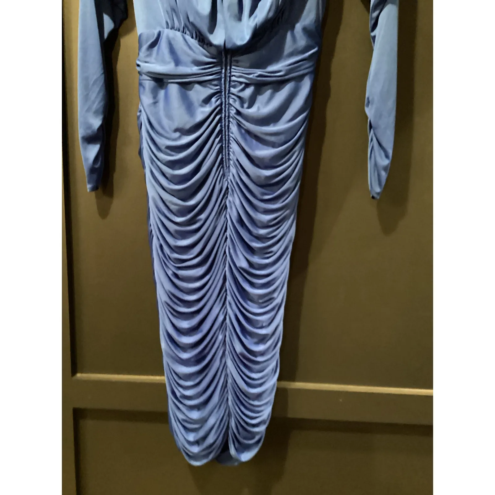 Vintage Tadashi draped long sleeve ruched midi dress with brooch 12 royal blue - Image 7