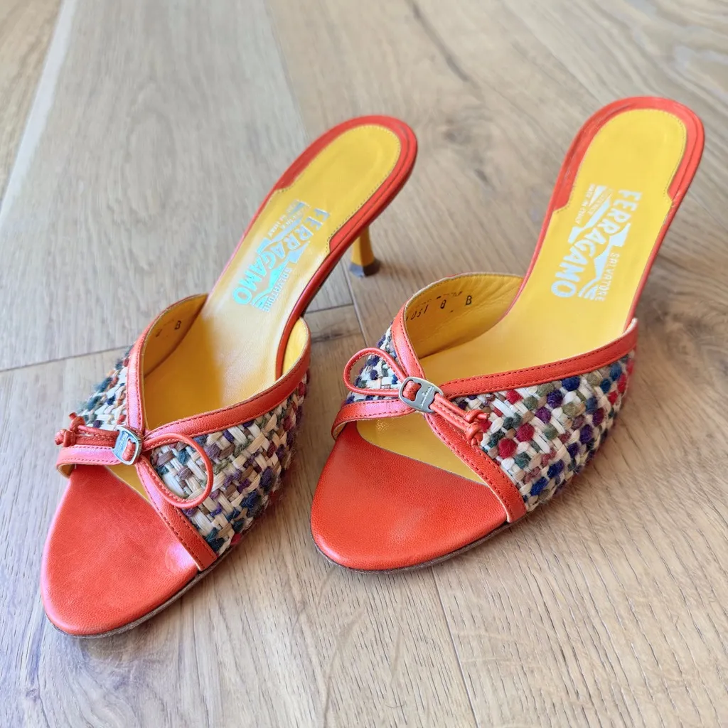 Salvatore Ferragamo Carolin Tweed Mule Lacquer Kitten Heel, Orange, Size 8, EUC - Image 2