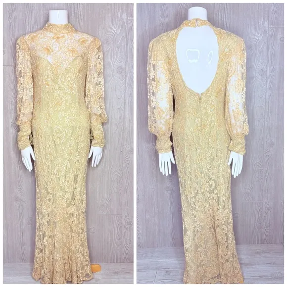 Vintage beaded sequin formal wedding dress tan cream high neck dress Size M - Image 2