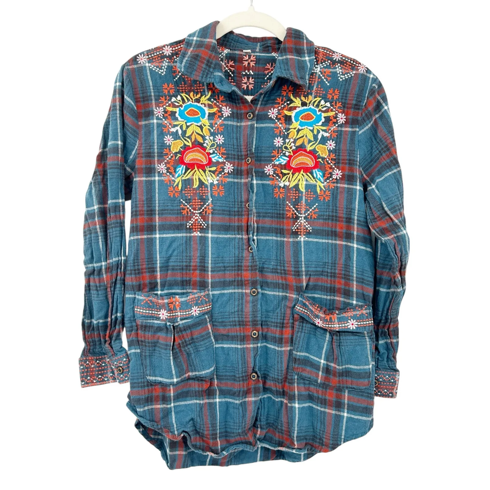 Womens Boho Western Plaid Cowgirl Embroidered‎ Floral Long Sleeve Tunic Blouse S Blue - Image 2