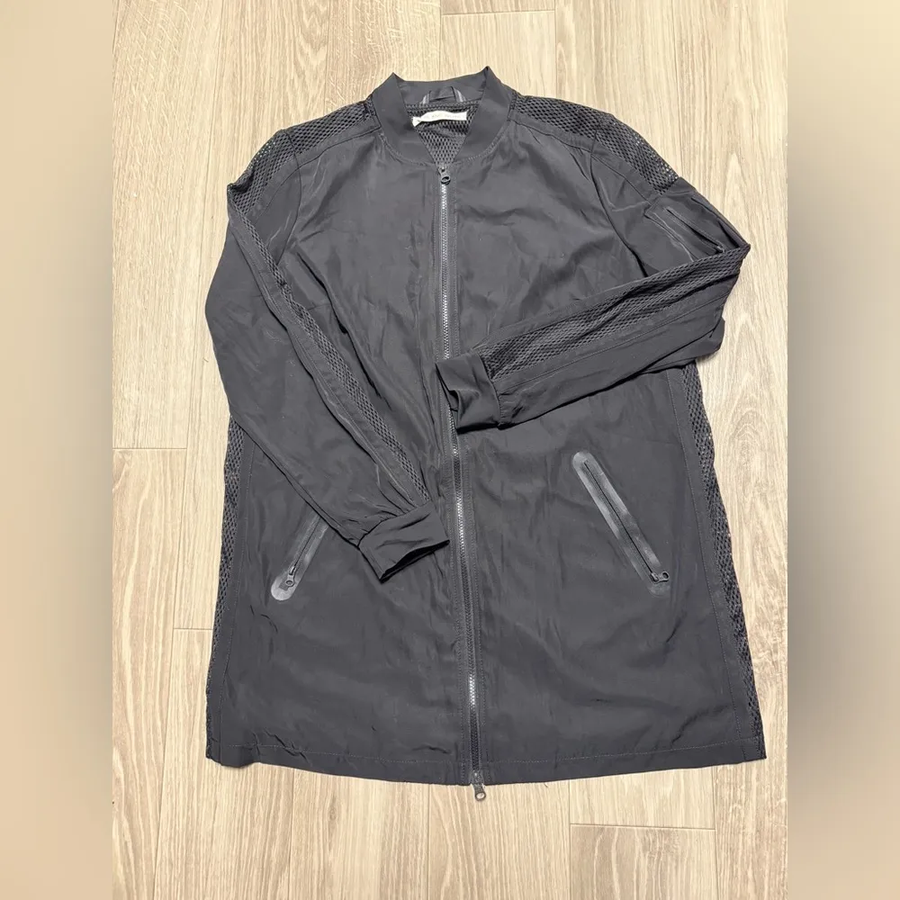 Blanc Noir Mesh Panel Long Nylon Bomber Style Jacket in Black Size L - Image 2