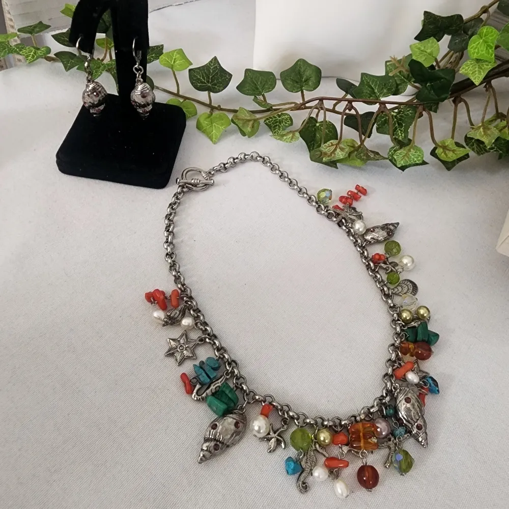 Silver Sealife Charm Necklace Freshwater Pearls Natural Stone Shell Earrings Set - Image 2