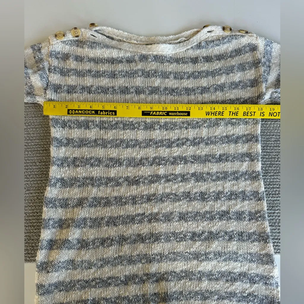 Market & Spruce Blue Ivory Striped Cotton Linen Button Shoulder Boatneck Sweater - Image 7