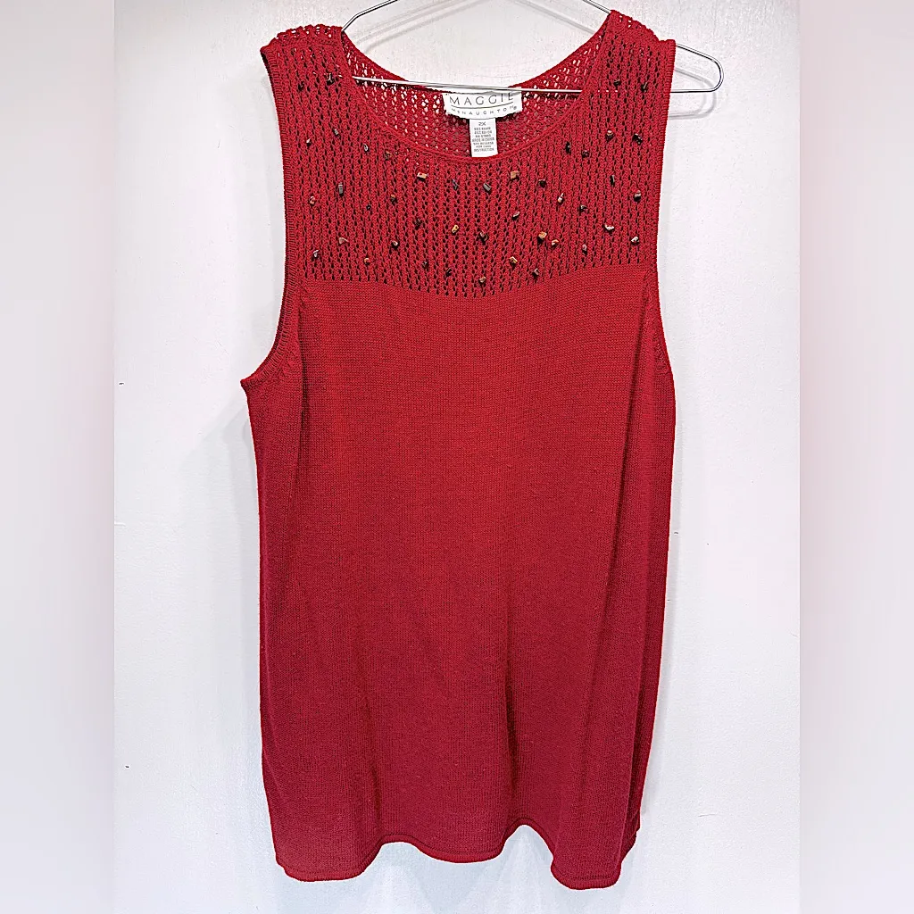 Vintage 80s Maggie McNaughton 2 piece Beaded Knit Tunic & Linen Cropped Pants Red Size 1X - Image 3