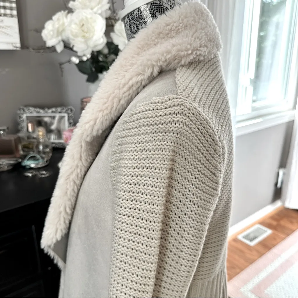 Chelsea & Theodore Oyster Faux Suede Sherpa Open Front Cardigan Sweater M Tan Size M - Image 7