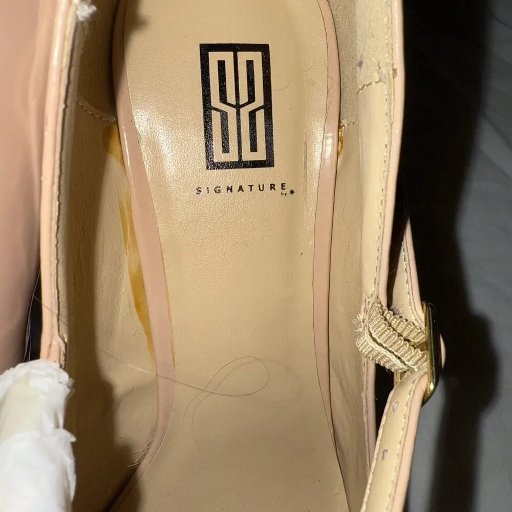 Nude High Heel Platform Shoes Womens Size 9.5 Wedding Prom Faux Patent Leather Tan - Image 6