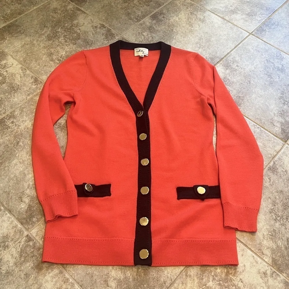 MILLY New York Orange Brown Trim Knit Wool Button Down Cardigan Sweater Small - Image 6