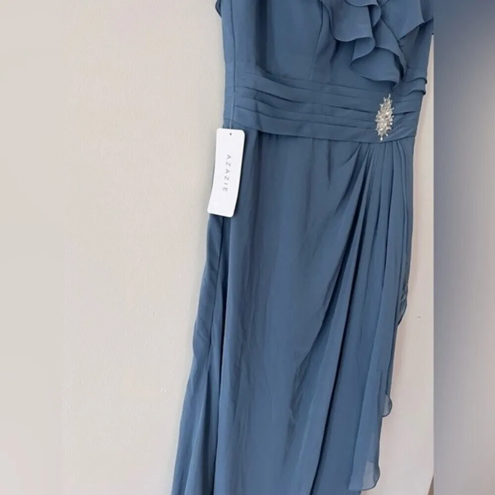 AZAZIE maxi dress A-Line Ruched Chiffon Floor-Length Dress Dusty Blue Size 10 - Image 8