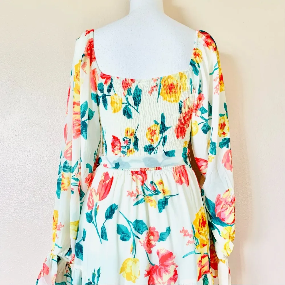 LoveColette CreamYellow Orange Red Green Floral Long Sleeve Smocked Maxi Dress. - Image 2
