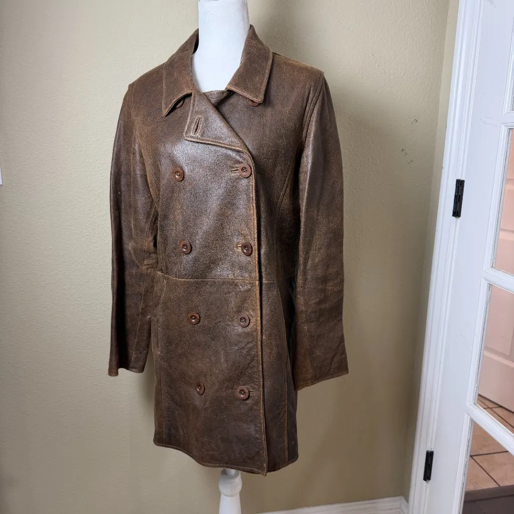 Vintage SUNDANCE Leather Trench Coat Jacket Lined Double Breasted Size Medium - Image 2