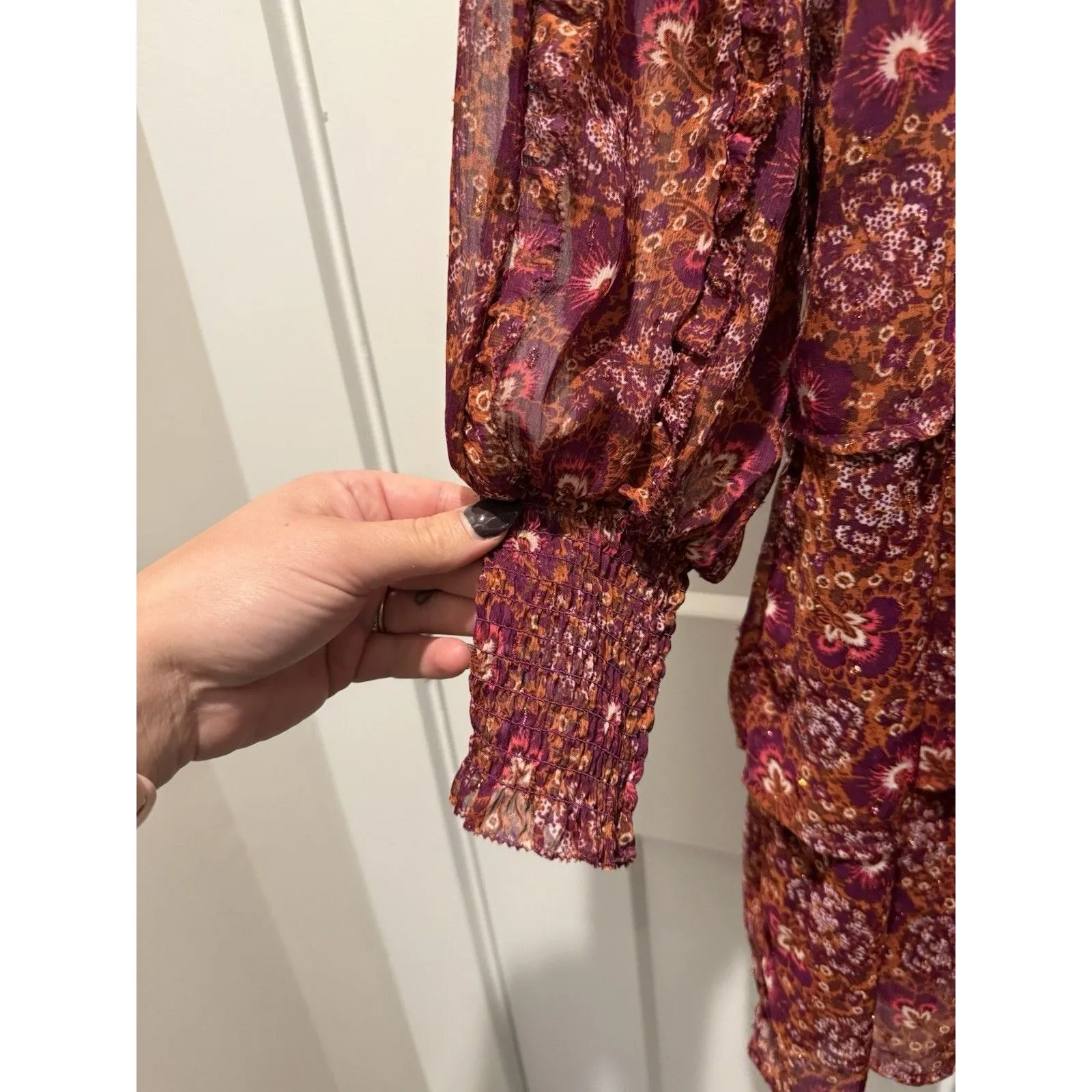 House Of Harlow Tiered 1960 Floral Mini Dress Berry Size 8 longsleeve womens Red - Image 4