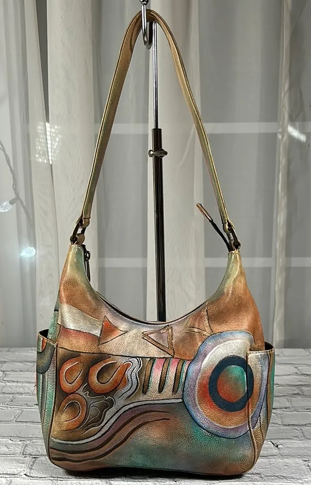 Anuschka Hand Painted Leather Purse Boho Hippie Handbag Tote India Abstract Art - Image 1