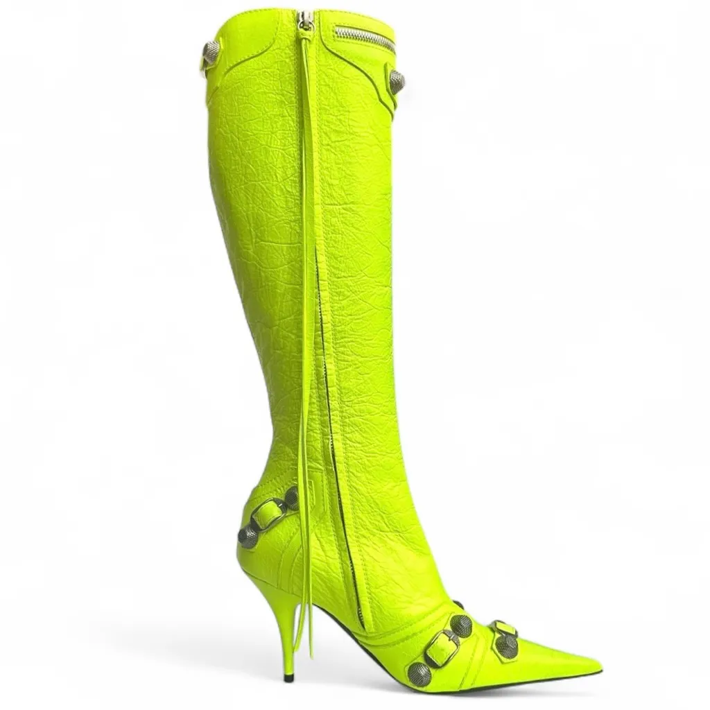 Balenciaga Cagole Leather Knee High Boots Fluorescent Yellow 90 mm Heels US 6 - Image 13